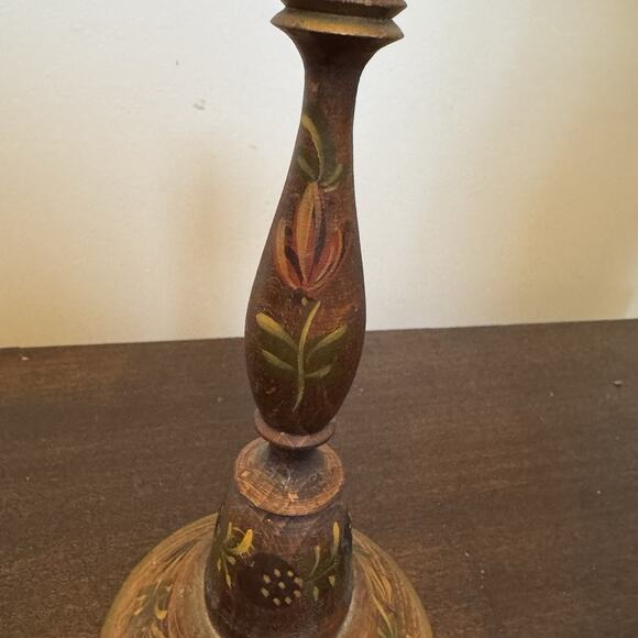 VTG Wooden Candle Stick Holder Hand Painted Floral Signed RH Primitive Folk Art - Picture 9 of 14